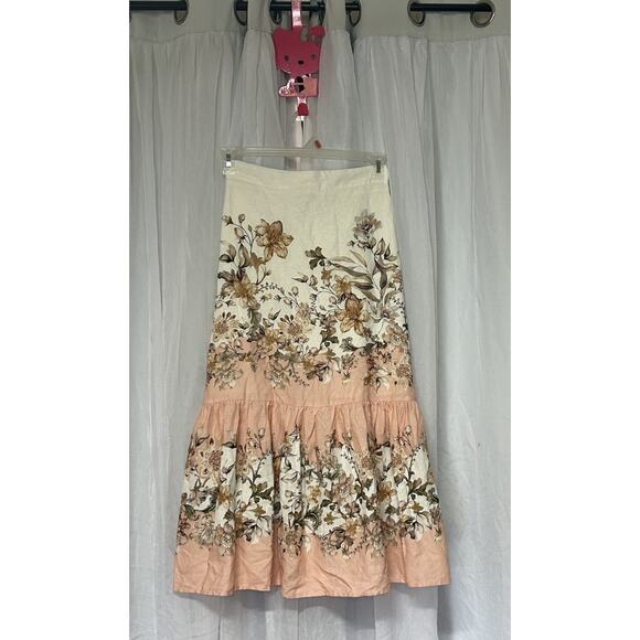 NWT Calypso St Barth Linen Blend Floral Midi Skirt Boho Chic Tiered Sz XS Pink - Picture 1 of 8